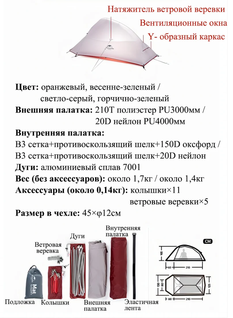 Изображение Палатка Naturehike Cloud UP 2 20D (трекинговая 1-2 местная)