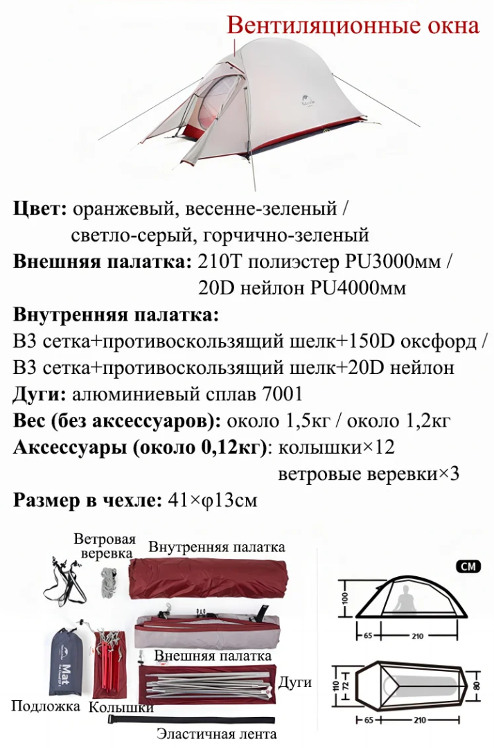 Изображение Палатка Naturehike CU1 20D серая